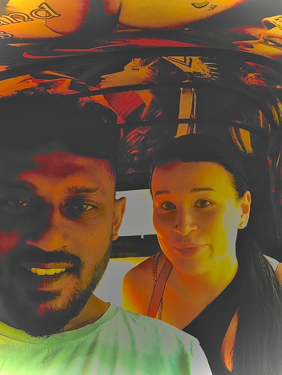 Close up selfie inside colorful tuk tuk with tourist - Sri Lanka tuk tuk experience