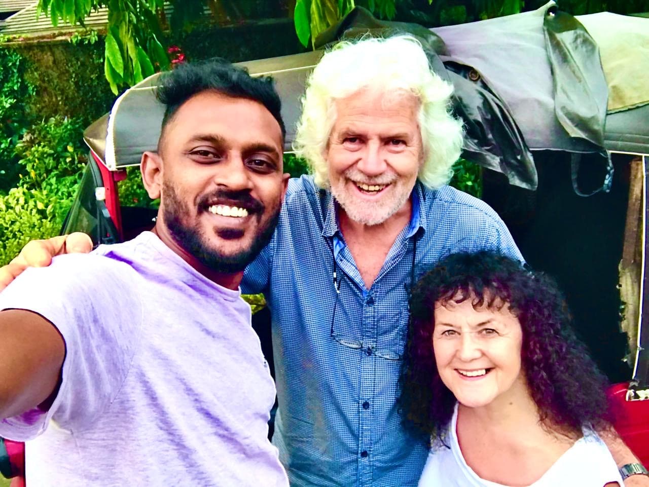 Elderly couple with tuk tuk driver Roshel in Kandy - safe tuk tuk tours for all ages